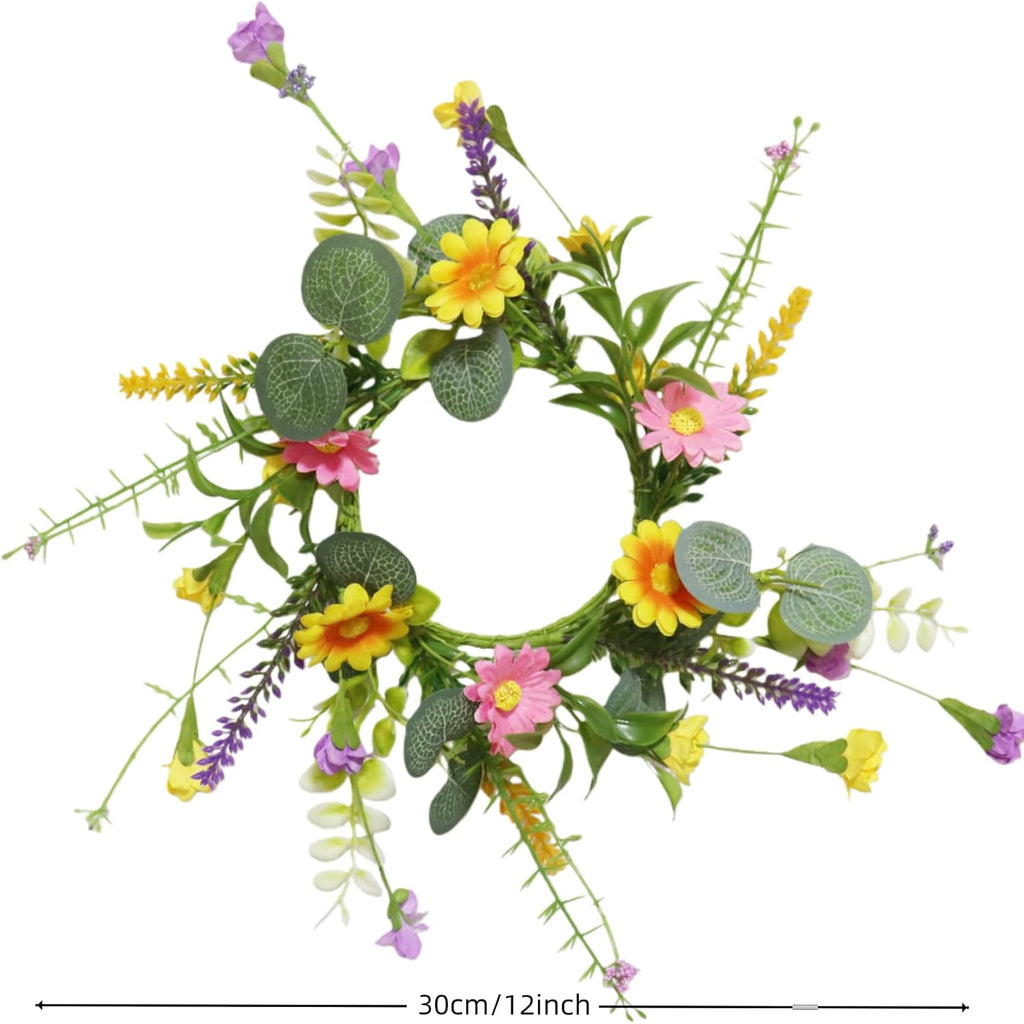 2 Pack Candle Rings Holder Wreaths with Daisy Flower Spring Egg and Pastel Pip Berry Candle Rings Candle Holder Mini Wreaths 4" Center for Holiday Home Kitchen Table Centerpiece (Multicolor)