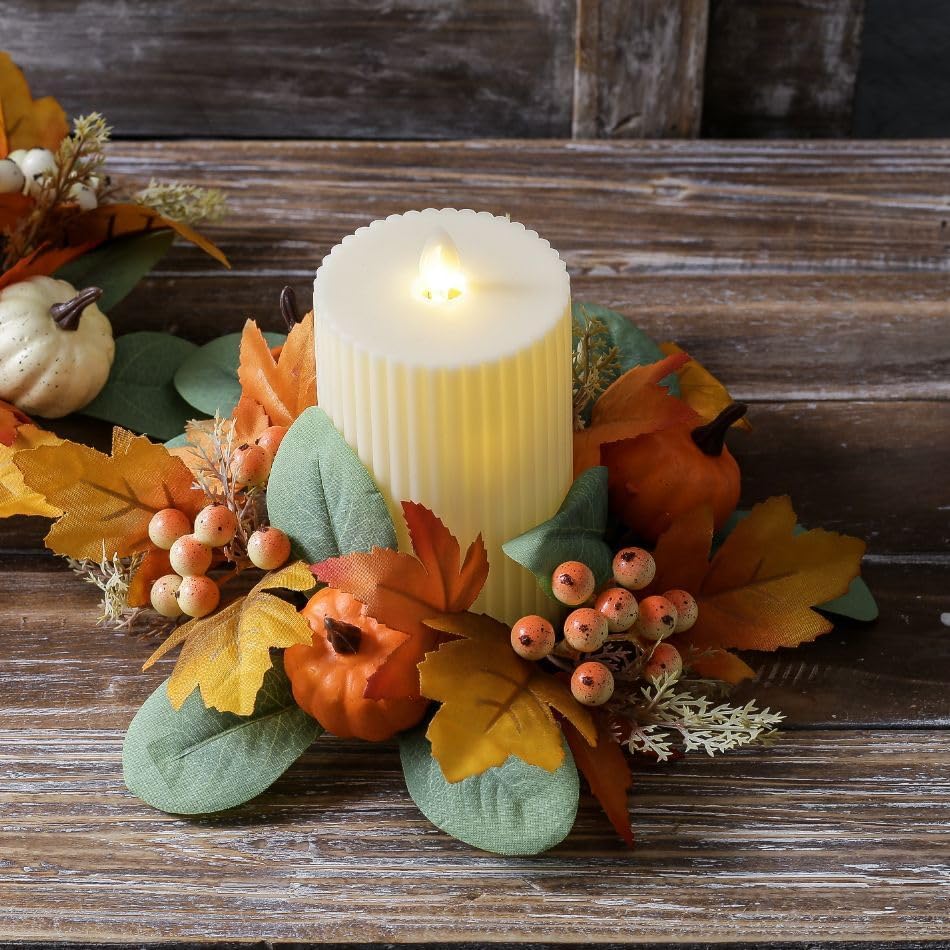 2Pcs Pumpkins Candle Rings Wreaths Fall Berry Maple Leaf and Pine Needle Leaf Pillar Candle Holder Ring for Wedding Home Door Tabletop Decor (Orange Pumpkin)