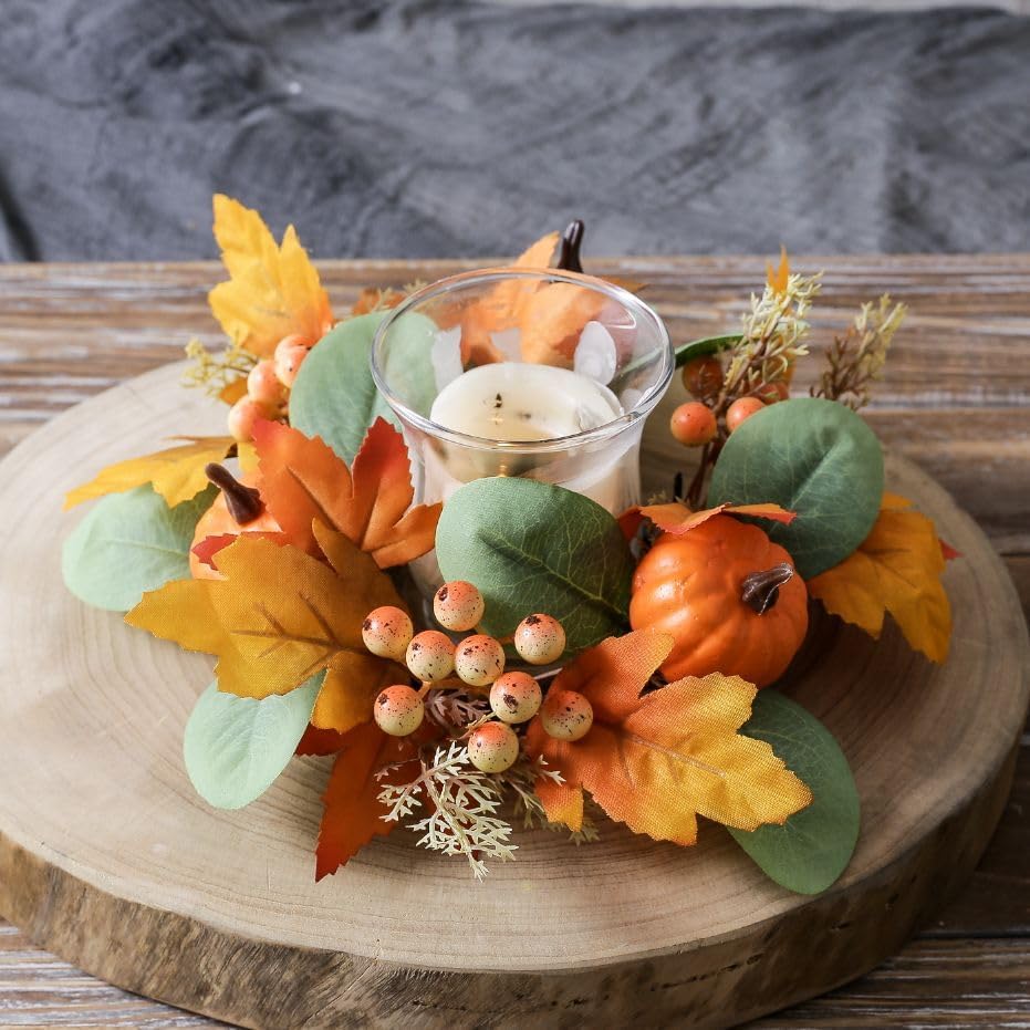 2Pcs Pumpkins Candle Rings Wreaths Fall Berry Maple Leaf and Pine Needle Leaf Pillar Candle Holder Ring for Wedding Home Door Tabletop Decor (Orange Pumpkin)