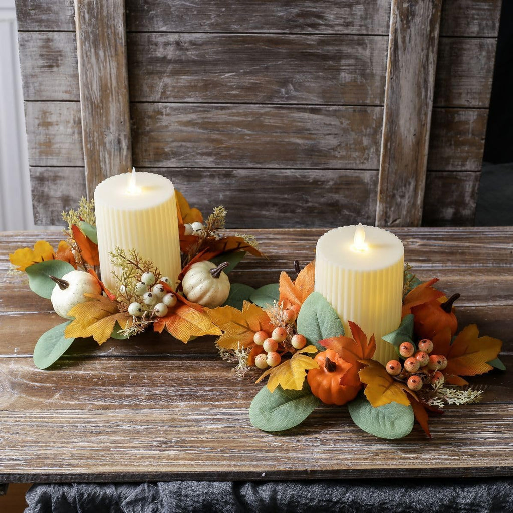 2Pcs Pumpkins Candle Rings Wreaths Fall Berry Maple Leaf and Pine Needle Leaf Pillar Candle Holder Ring for Wedding Home Door Tabletop Decor (Orange Pumpkin)
