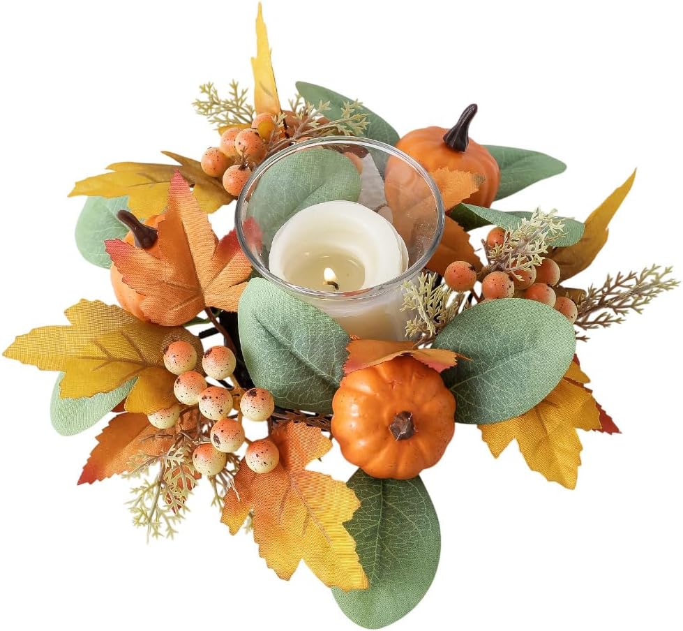 2Pcs Pumpkins Candle Rings Wreaths Fall Berry Maple Leaf and Pine Needle Leaf Pillar Candle Holder Ring for Wedding Home Door Tabletop Decor (Orange Pumpkin)