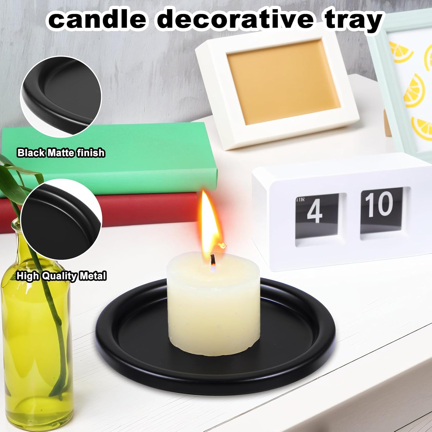 2 Pcs Black Iron Plate Candle Holder, Vintage Round Candle Holder Trays, Decorative Iron Pillar Candles Plate, 3.9 Inch Metal Candles Stand for LED & Wax Elegant Stand, Weddings, Christmas, Outdoor