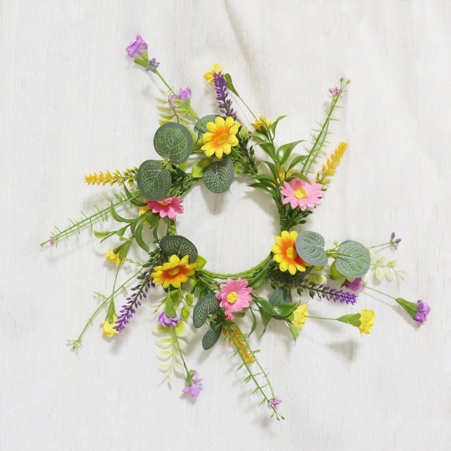 2 Pack Candle Rings Holder Wreaths with Daisy Flower Spring Egg and Pastel Pip Berry Candle Rings Candle Holder Mini Wreaths 4" Center for Holiday Home Kitchen Table Centerpiece (Multicolor)