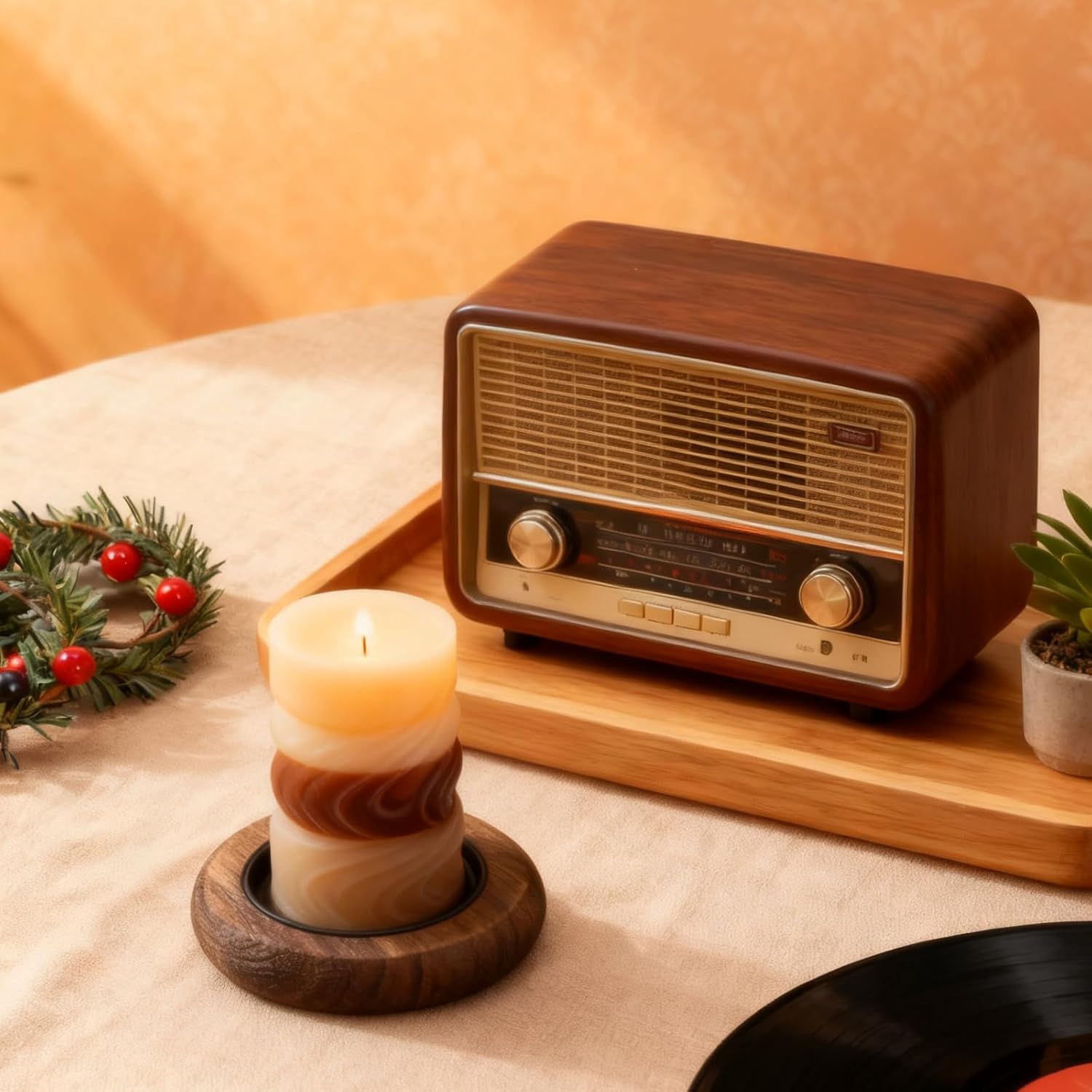 2 Pcs Vintage Wooden Pillar Candles Tray Rustic Wooden Candle Holder Small Decorative Tray for Coffee Table Living Room Farmhouse Decor Christmas Decor (3 Inch)