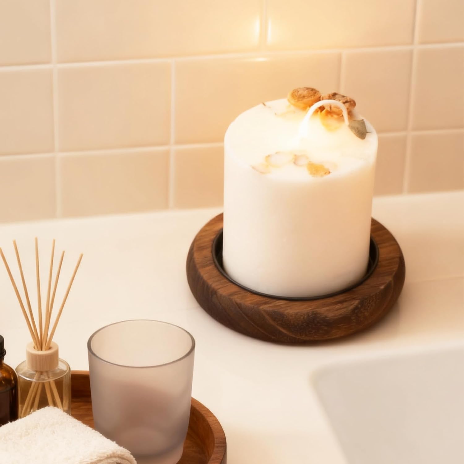 2 Pcs Vintage Wooden Pillar Candles Tray Rustic Wooden Candle Holder Small Decorative Tray for Coffee Table Living Room Farmhouse Decor Christmas Decor (3 Inch)