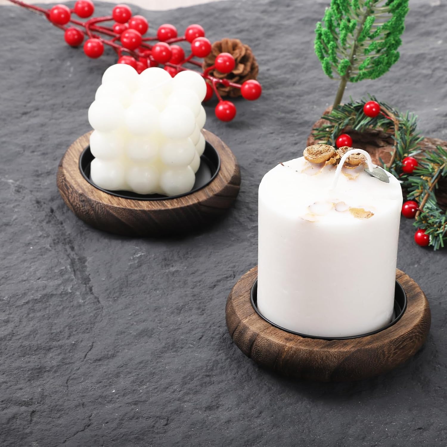 2 Pcs Vintage Wooden Pillar Candles Tray Rustic Wooden Candle Holder Small Decorative Tray for Coffee Table Living Room Farmhouse Decor Christmas Decor (3 Inch)