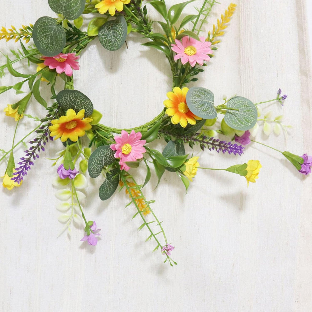 2 Pack Candle Rings Holder Wreaths with Daisy Flower Spring Egg and Pastel Pip Berry Candle Rings Candle Holder Mini Wreaths 4" Center for Holiday Home Kitchen Table Centerpiece (Multicolor)