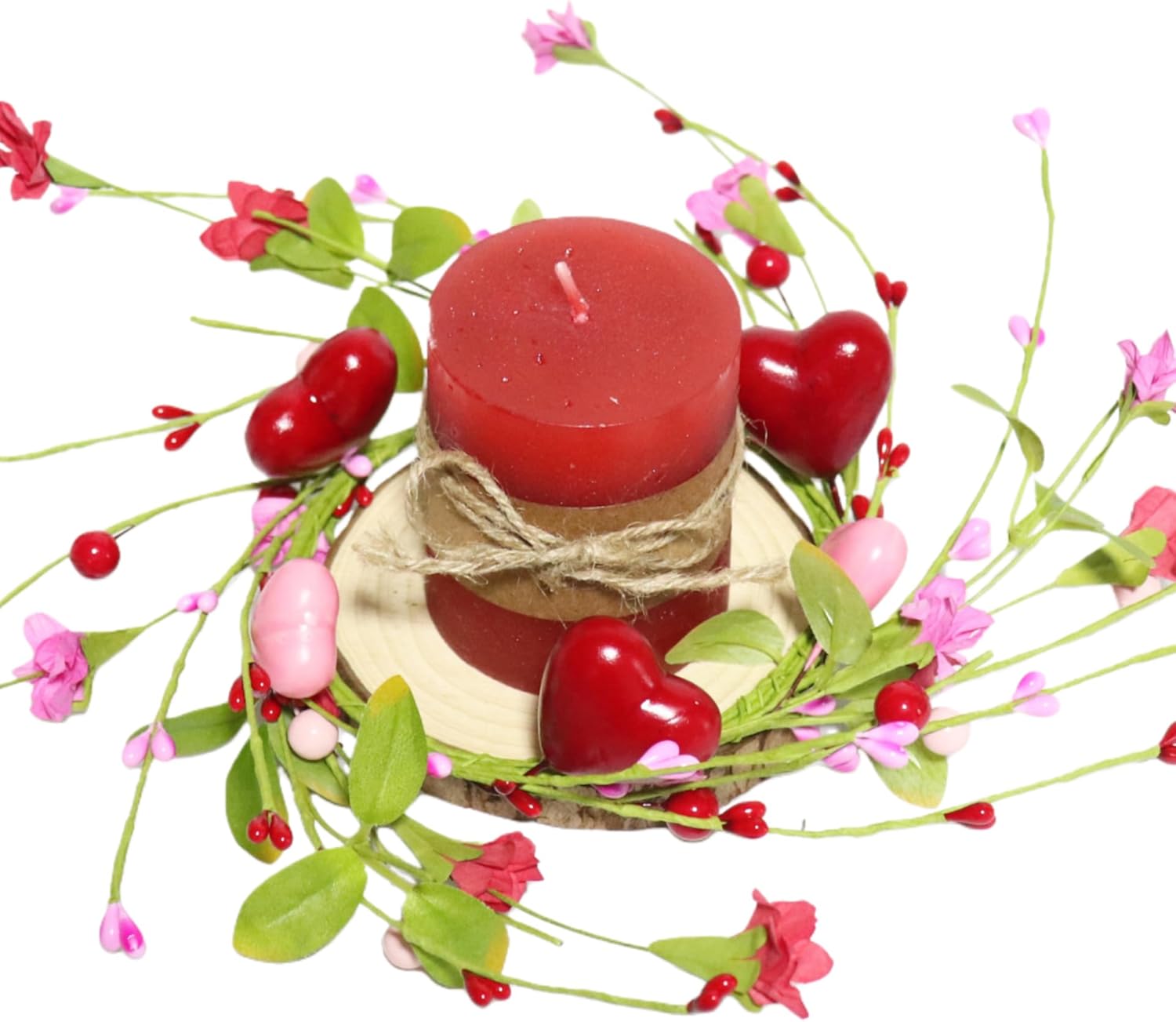 2 Pcs Valentine's Day Candle Rings Wreaths Pink & Red Heart Berry with Faux Forsythia Floral Centerpiece Candle Holder for Farmhouse Cabinet Table Decor(Red)