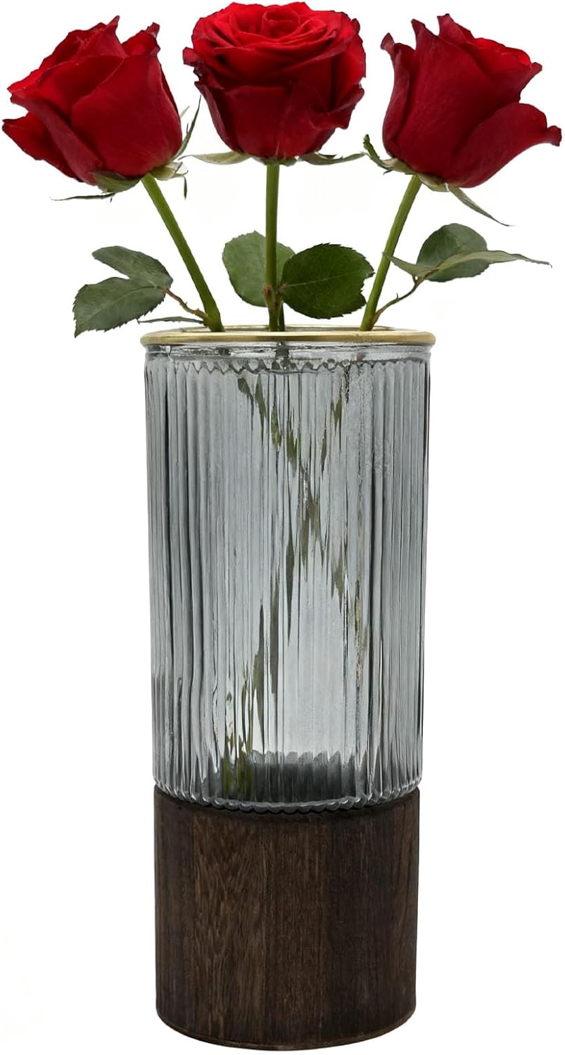 10 Inch Large Artistic Wood Base Glass Cylinder Flower Vase, Ins Modern Boho Style for Home Kitchen Fireplace Office Desks, Houses, Garden Decorations-Grey
