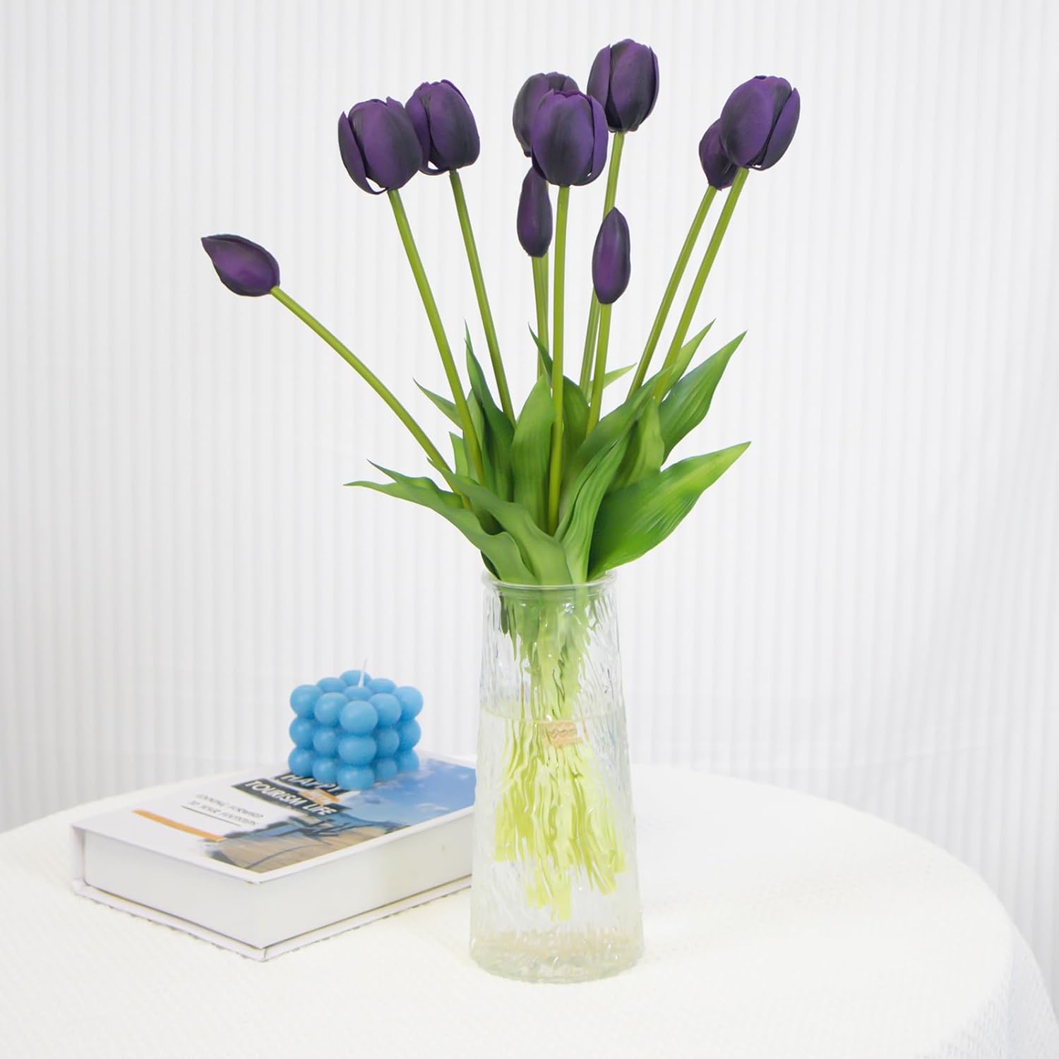 10 Pack Real Touch Tulips Artificial Flowers, 15.7 Inch Bendable Latex Tulips - No Maintenance Faux Flowers for Vase, Home Decor, Wedding Centerpiece (Purple)