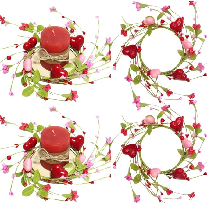 2 Pcs Valentine's Day Candle Rings Wreaths Pink & Red Heart Berry with Faux Forsythia Floral Centerpiece Candle Holder for Farmhouse Cabinet Table Decor(Red)