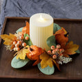 2Pcs Pumpkins Candle Rings Wreaths Fall Berry Maple Leaf and Pine Needle Leaf Pillar Candle Holder Ring for Wedding Home Door Tabletop Decor (Orange Pumpkin)