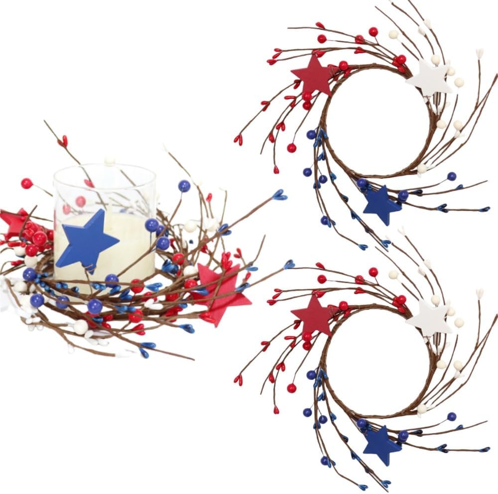 2 Pack Candle Rings Holder Wreaths with Daisy Flower Spring Egg and Pastel Pip Berry Candle Rings Candle Holder Mini Wreaths 4" Center for Holiday Home Kitchen Table Centerpiece (Multicolor)