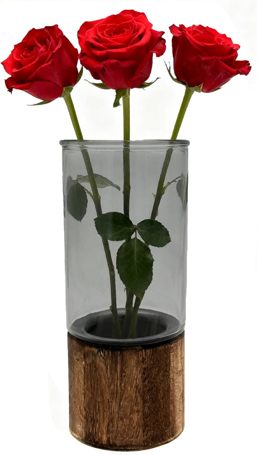 10 Inch Large Artistic Wood Base Glass Cylinder Flower Vase, Ins Modern Boho Style for Home Kitchen Fireplace Office Desks, Houses, Garden Decorations-Grey