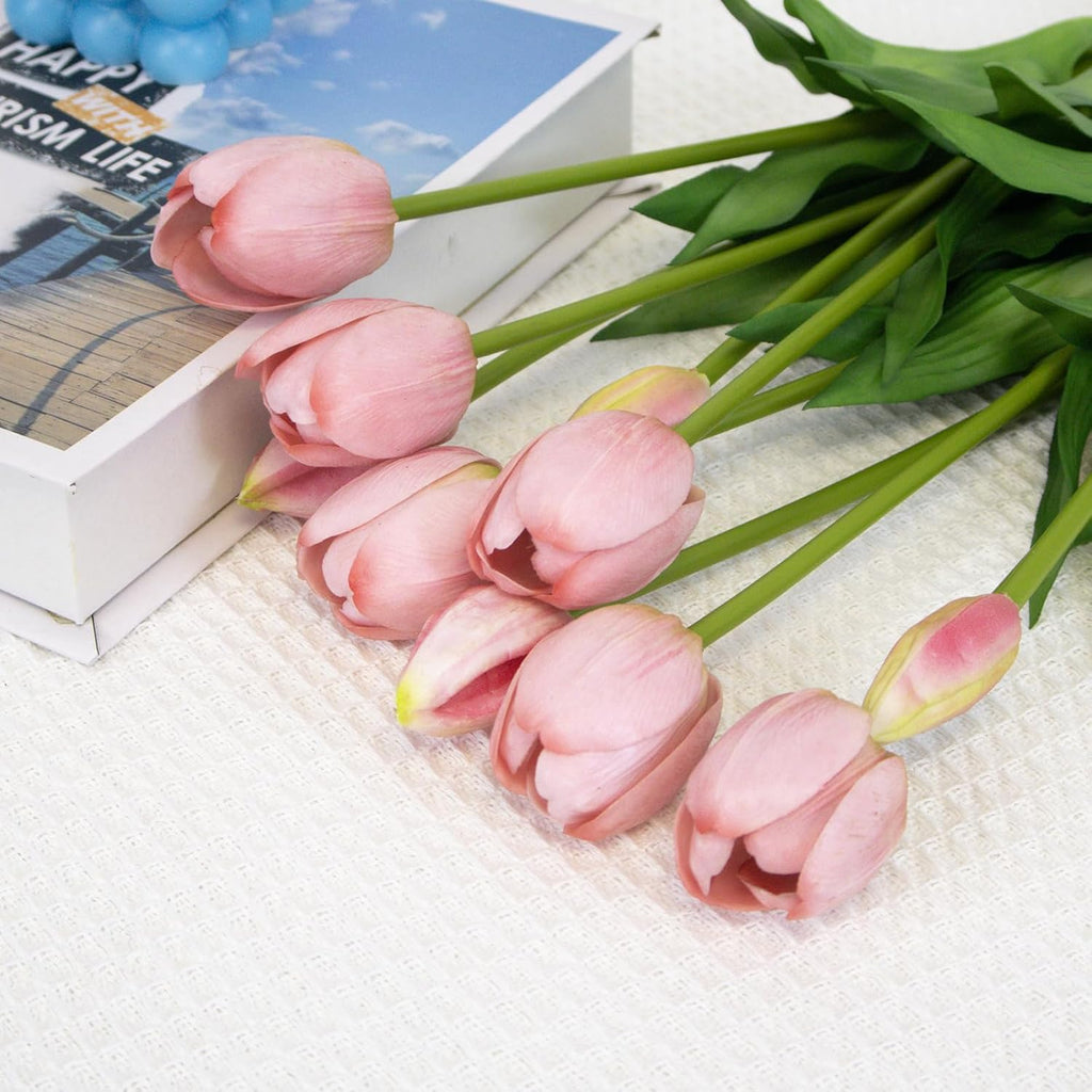 10 Pack Real Touch Tulips Artificial Flowers, 15.7 Inch Bendable Latex Tulips - No Maintenance Faux Flowers for Vase, Home Decor, Wedding Centerpiece (Purple)