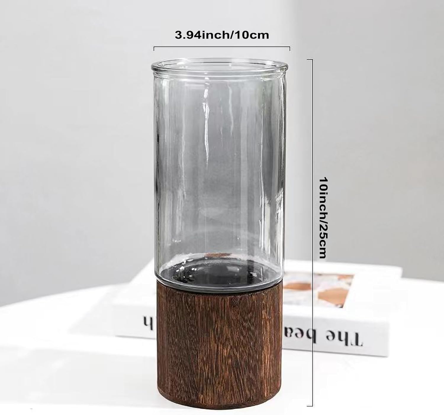10 Inch Large Artistic Wood Base Glass Cylinder Flower Vase, Ins Modern Boho Style for Home Kitchen Fireplace Office Desks, Houses, Garden Decorations-Grey
