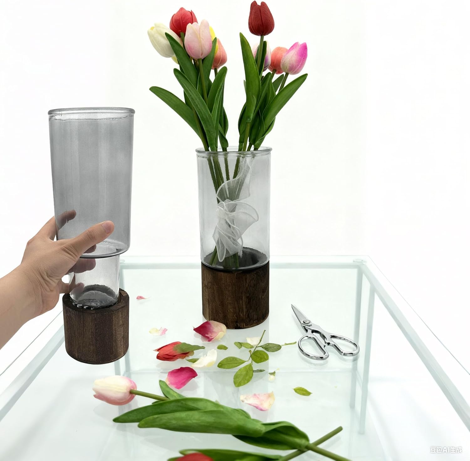 10 Inch Large Artistic Wood Base Glass Cylinder Flower Vase, Ins Modern Boho Style for Home Kitchen Fireplace Office Desks, Houses, Garden Decorations-Grey