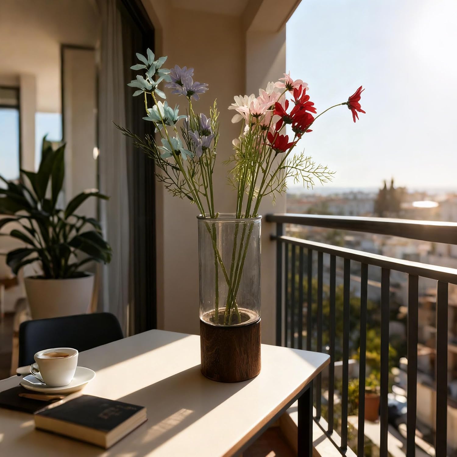 10 Inch Large Artistic Wood Base Glass Cylinder Flower Vase, Ins Modern Boho Style for Home Kitchen Fireplace Office Desks, Houses, Garden Decorations-Grey