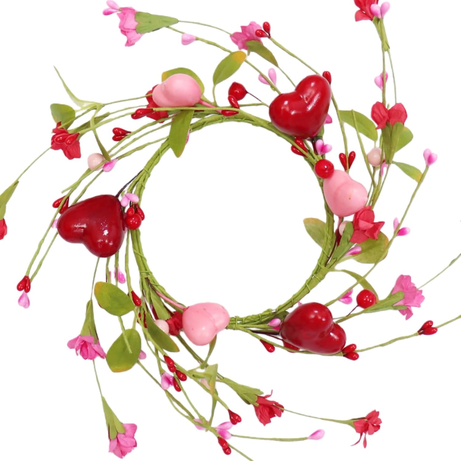 2 Pcs Valentine's Day Candle Rings Wreaths Pink & Red Heart Berry with Faux Forsythia Floral Centerpiece Candle Holder for Farmhouse Cabinet Table Decor(Red)