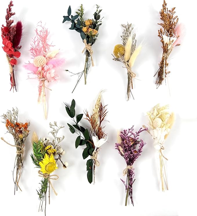 10Pcs Mini Dried Flowers Bouquet, Boho Mixed Natural Dried Flowers, Mini Wedding Handmade Dry Flowers Decor for Wedding Photo Frame Gift Box Home Vase Decorations DIY (White Series)