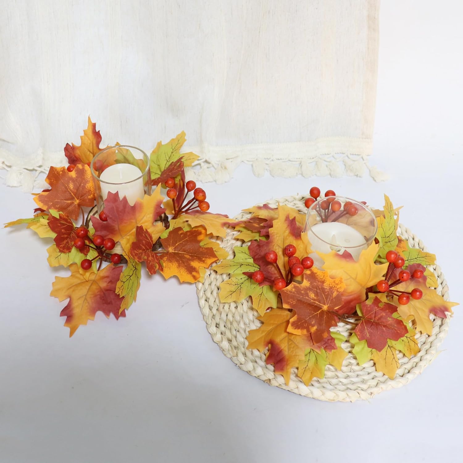 2 Pcs Fall Candle Rings Wreaths, Artificial Maple Leaf Candle Ring for Pillar Candle Holder, Thanksgiving Halloween Home Party Table Centerpieces, Door, Wall, Window Decor (Orange)