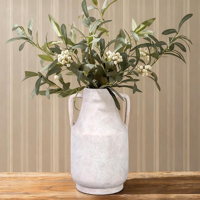 11 Inch Tall Ceramic Vase with Handles, Off-White Farmhouse Rustic Decor | Large Terracotta Style Table Vase for Living Room, Shelf & Fireplace Mantle | Decorative Pottery Centerpiece