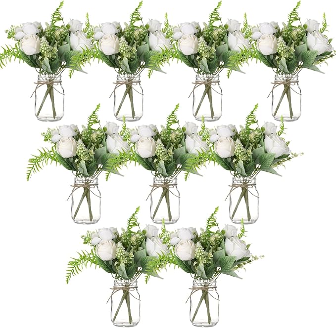 10 Pcs Mason Jar Vase Flower Centerpieces for Tables - 10 Long-lasting 17 fl oz /500 ml Glass Jars and 32.8 ft / 10 m Hemp Ropes, No Maintenance Faux Floral Decor, Elegant Table Centerpiece Set