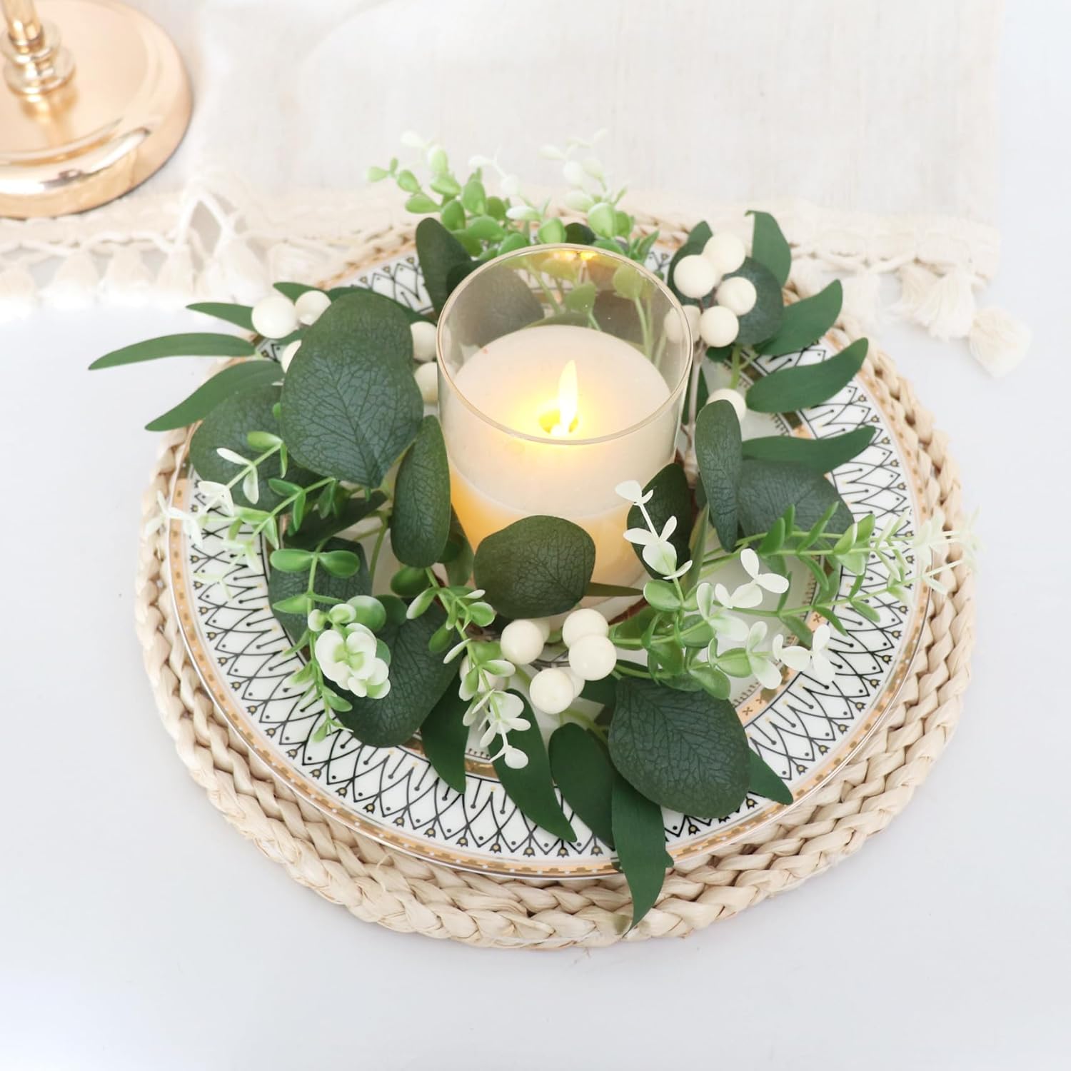 2 Pcs Valentine's Day Candle Rings Wreaths Pink & Red Heart Berry with Faux Forsythia Floral Centerpiece Candle Holder for Farmhouse Cabinet Table Decor(Red)