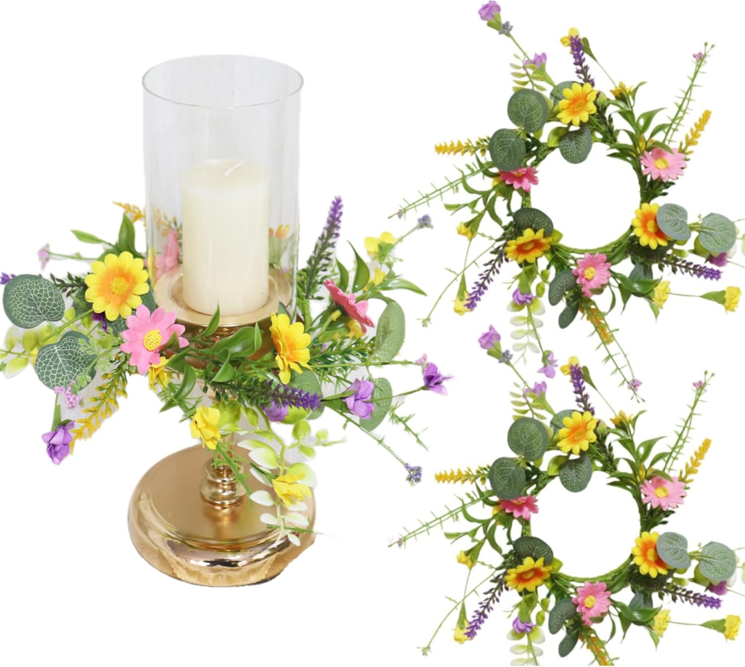 2 Pack Candle Rings Holder Wreaths with Daisy Flower Spring Egg and Pastel Pip Berry Candle Rings Candle Holder Mini Wreaths 4" Center for Holiday Home Kitchen Table Centerpiece (Multicolor)