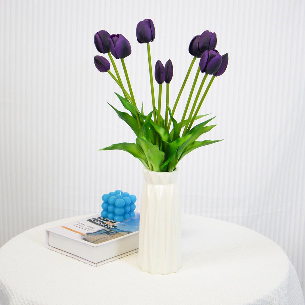 10 Pack Real Touch Tulips Artificial Flowers, 15.7 Inch Bendable Latex Tulips - No Maintenance Faux Flowers for Vase, Home Decor, Wedding Centerpiece (Purple)