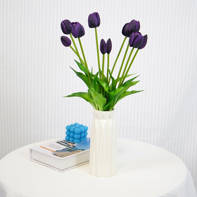 10 Pack Real Touch Tulips Artificial Flowers, 15.7 Inch Bendable Latex Tulips - No Maintenance Faux Flowers for Vase, Home Decor, Wedding Centerpiece (Purple)