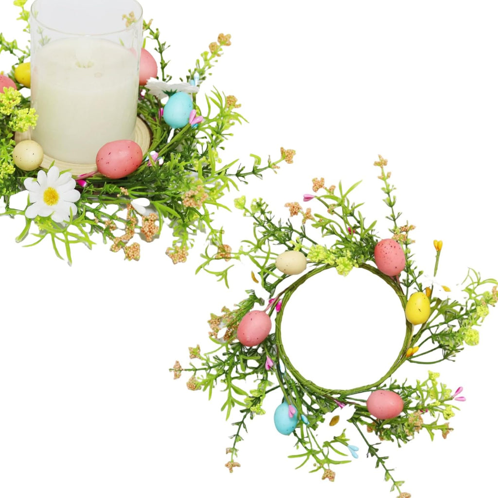 2 Pack Candle Rings Holder Wreaths with Daisy Flower Spring Egg and Pastel Pip Berry Candle Rings Candle Holder Mini Wreaths 4" Center for Holiday Home Kitchen Table Centerpiece (Multicolor)