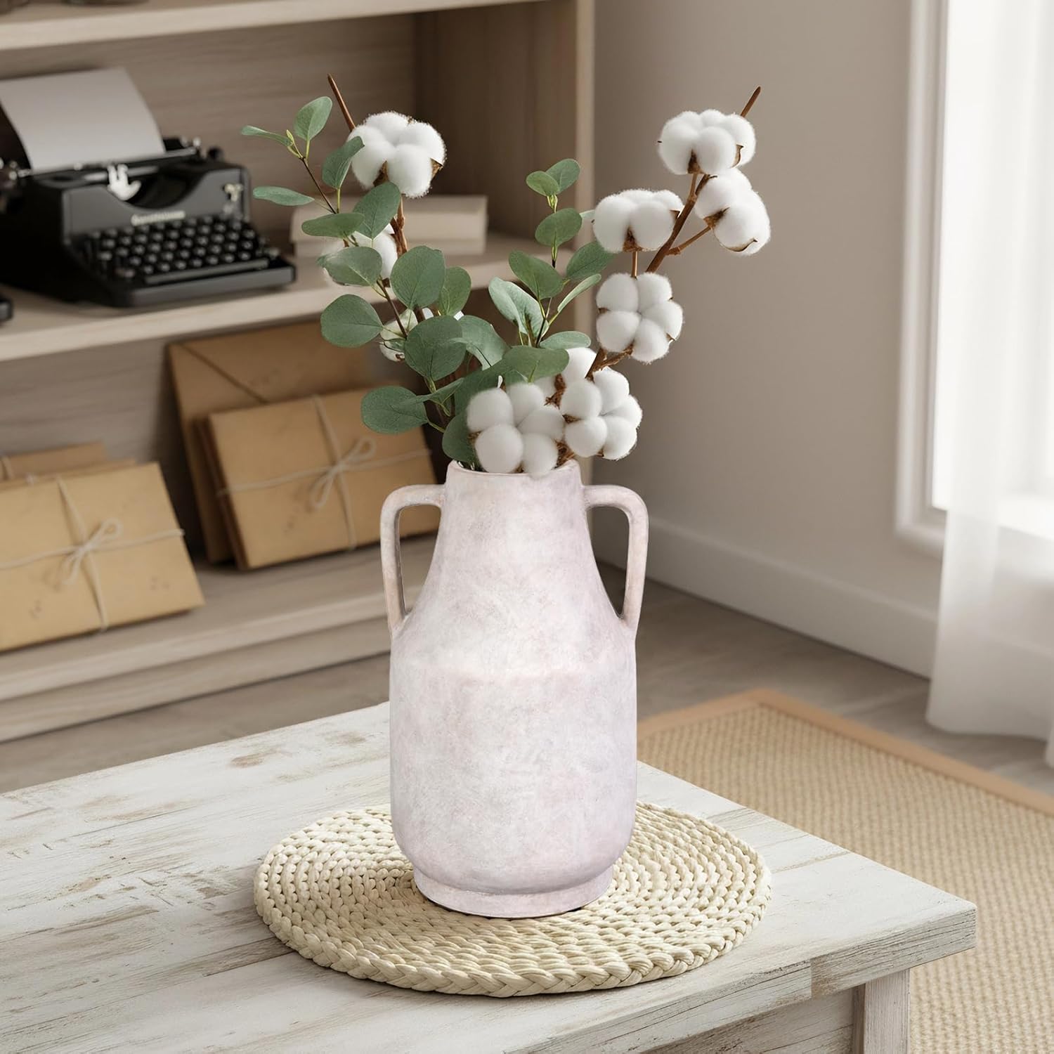 11 Inch Tall Ceramic Vase with Handles, Off-White Farmhouse Rustic Decor | Large Terracotta Style Table Vase for Living Room, Shelf & Fireplace Mantle | Decorative Pottery Centerpiece