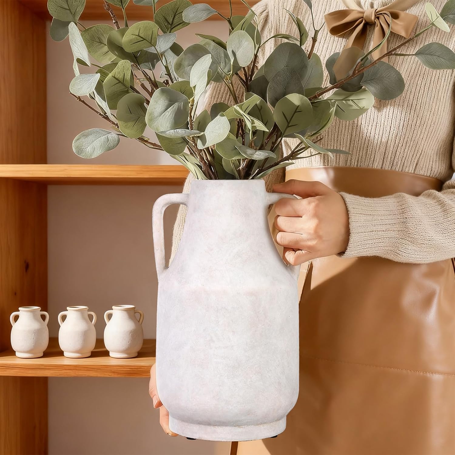 11 Inch Tall Ceramic Vase with Handles, Off-White Farmhouse Rustic Decor | Large Terracotta Style Table Vase for Living Room, Shelf & Fireplace Mantle | Decorative Pottery Centerpiece