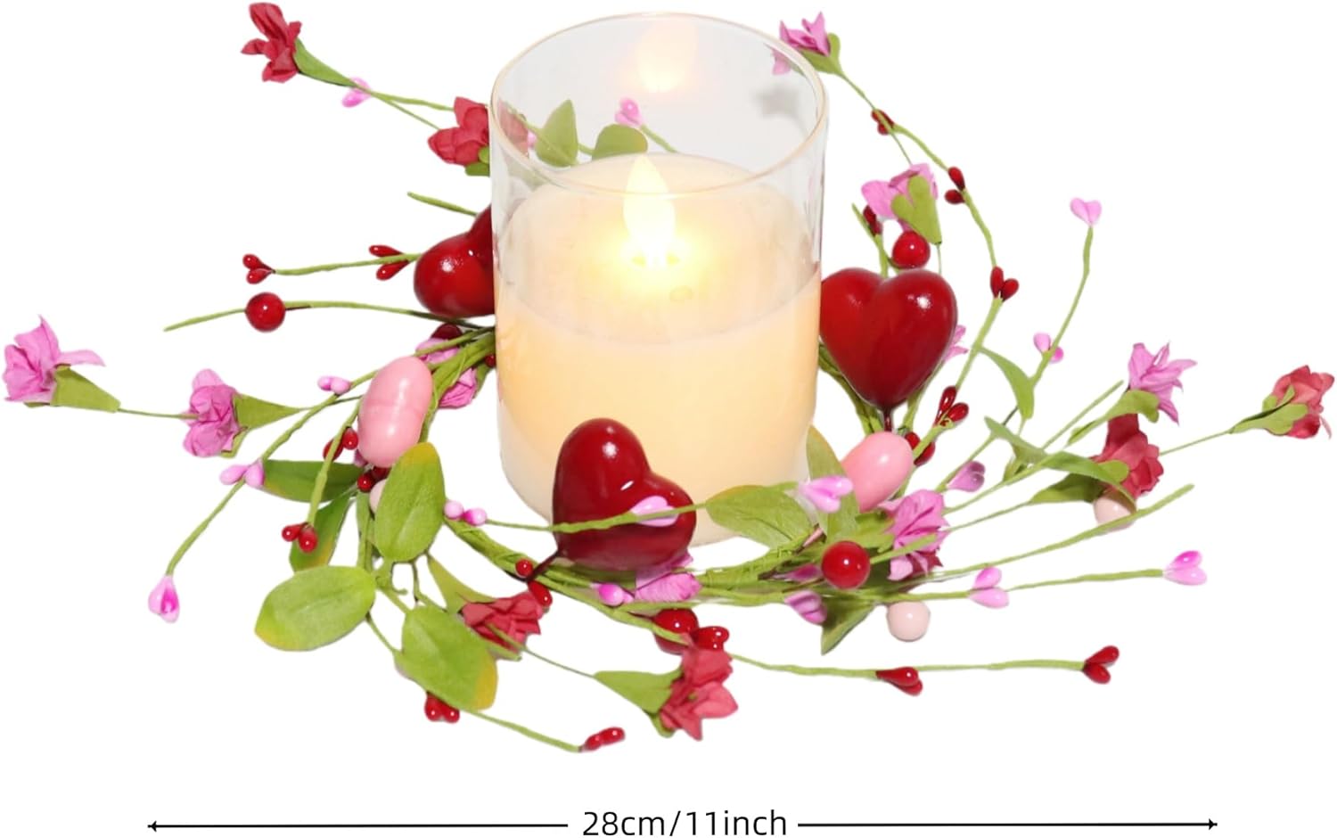 2 Pcs Valentine's Day Candle Rings Wreaths Pink & Red Heart Berry with Faux Forsythia Floral Centerpiece Candle Holder for Farmhouse Cabinet Table Decor(Red)