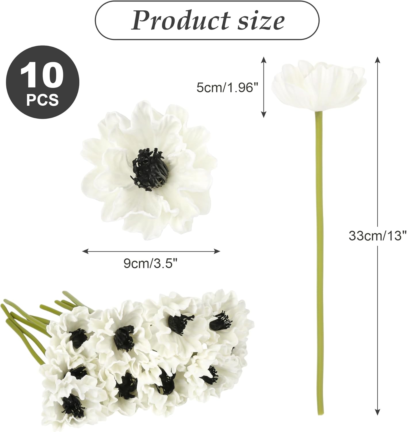 10Pcs White Poppies Flowers Artificial 12.9In Fake Poppies Anemone PU Flower Stem for Wedding Floral Arrangement Home Table Vase Decoration