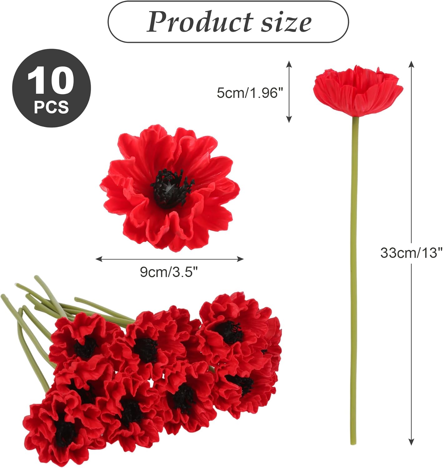 10Pcs White Poppies Flowers Artificial 12.9In Fake Poppies Anemone PU Flower Stem for Wedding Floral Arrangement Home Table Vase Decoration