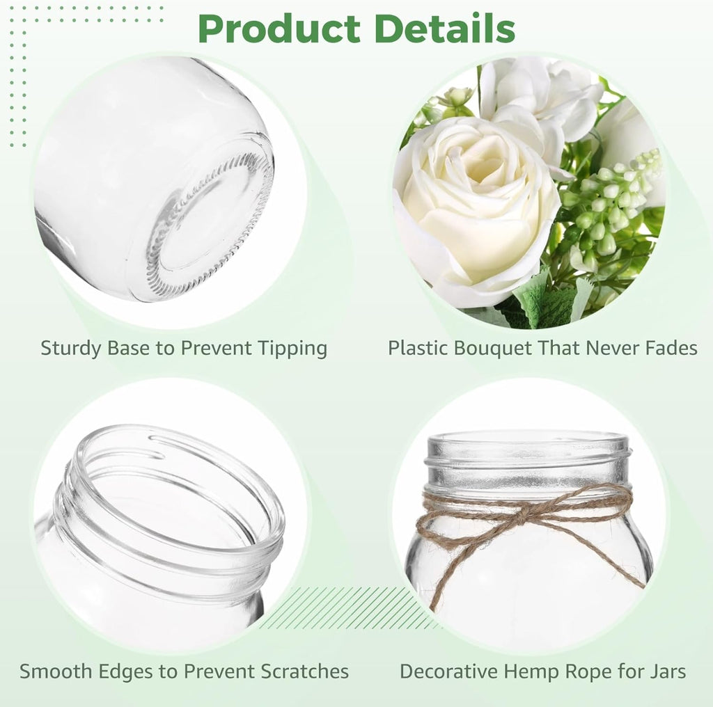 10 Pcs Mason Jar Vase Flower Centerpieces for Tables - 10 Long-lasting 17 fl oz /500 ml Glass Jars and 32.8 ft / 10 m Hemp Ropes, No Maintenance Faux Floral Decor, Elegant Table Centerpiece Set