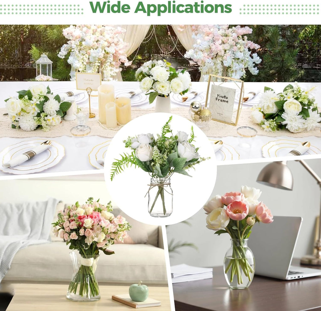 10 Pcs Mason Jar Vase Flower Centerpieces for Tables - 10 Long-lasting 17 fl oz /500 ml Glass Jars and 32.8 ft / 10 m Hemp Ropes, No Maintenance Faux Floral Decor, Elegant Table Centerpiece Set